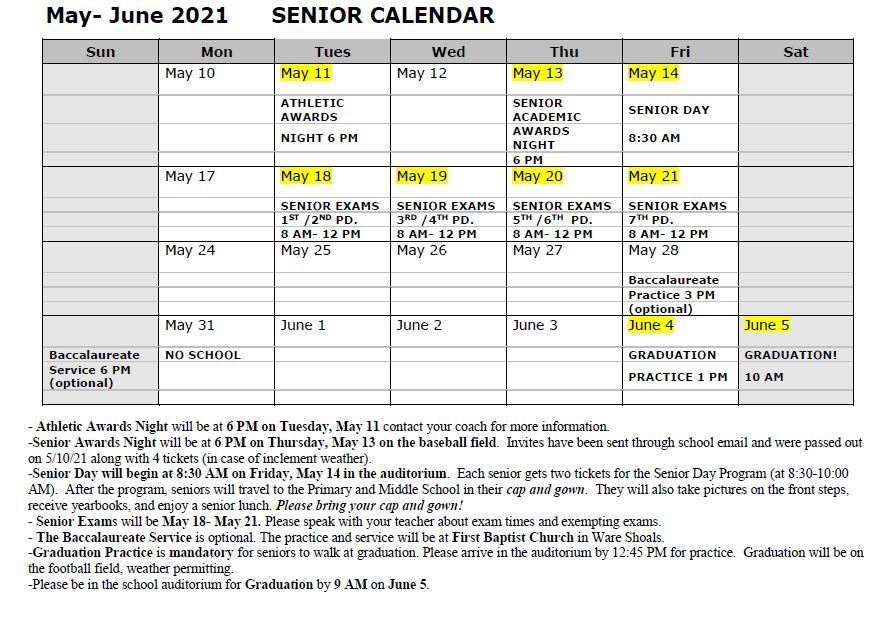 Senior Calendar Ware Shoals High School